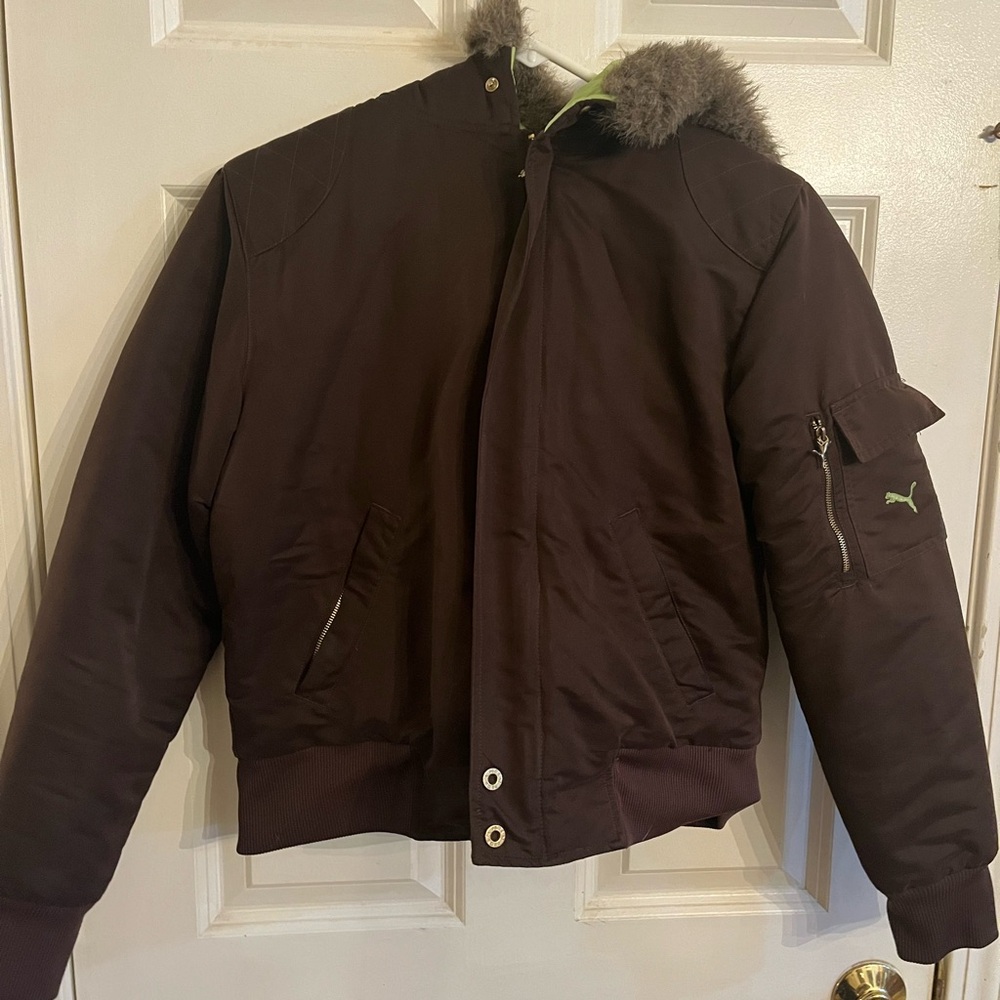 Puma Womens M Dark Brown and green Bomber Jacket with Fur Trim